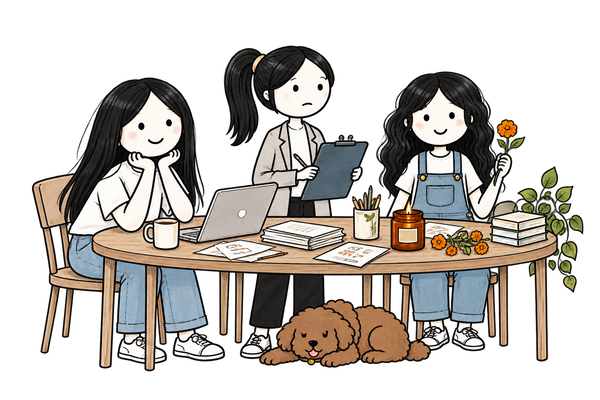 Aditi 1, Aditi 2 and Aditi 3 around a worktable, with Jelli asleep underneath.